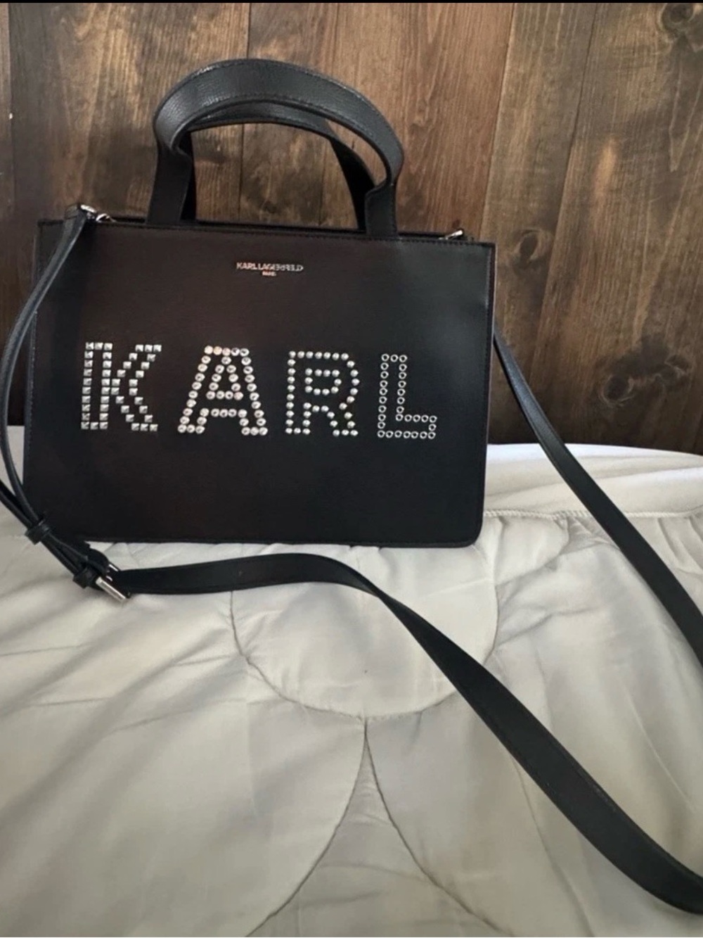 Karl Lagerfeld Black Studded KARL Top-Handle Crossbody Satchel